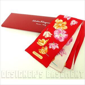 SALVATORE FERRAGAMO red TULIPANI SKINNY long 2-sided silk twill scarf + envelope